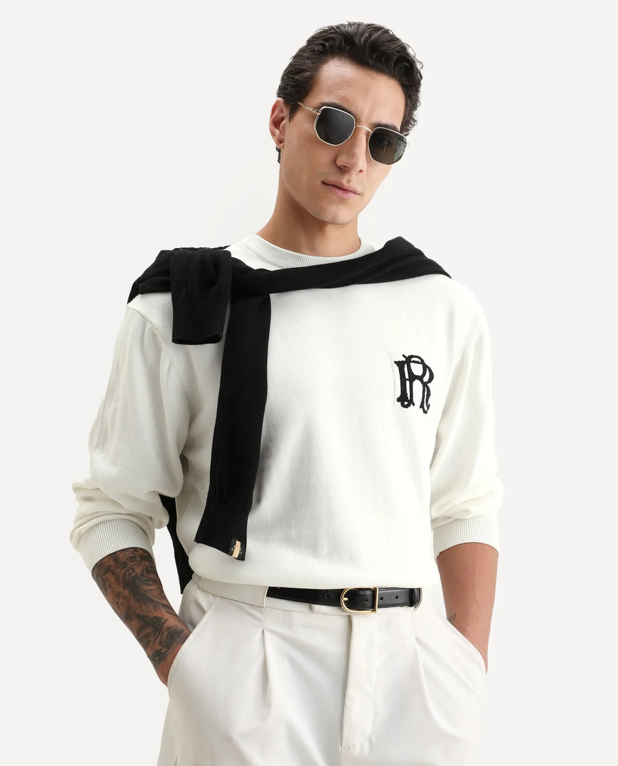 Rare Rabbit Men's Varo Off White Cotton Embroidered Regular Fit Full Sleeve Crew Neck Sweater