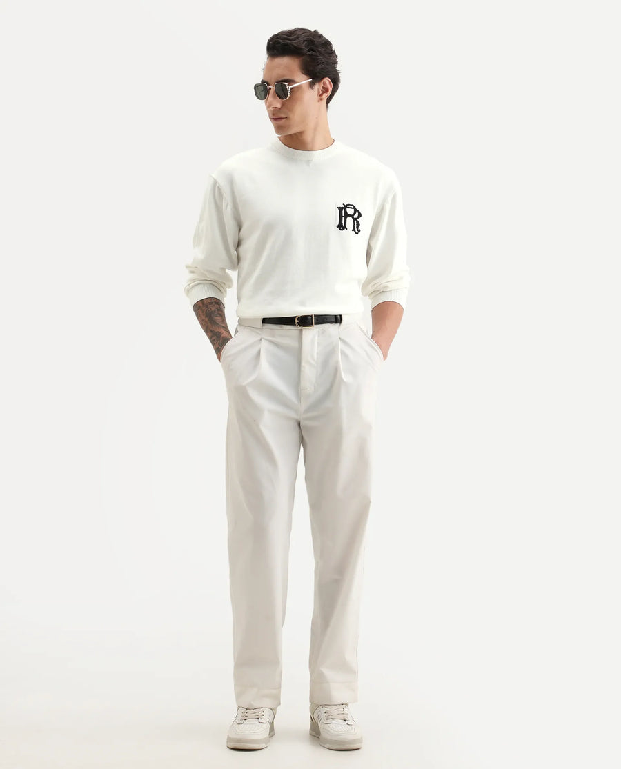Rare Rabbit Men's Varo Off White Cotton Embroidered Regular Fit Full Sleeve Crew Neck Sweater