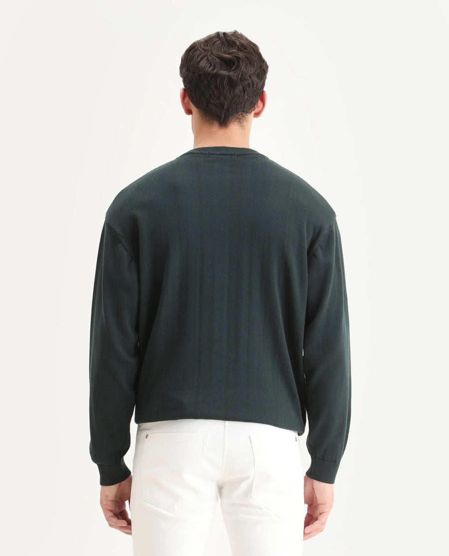 Rare Rabbit Men's Varo Dark Green Cotton Embroidered Regular Fit Full Sleeve Crew Neck Sweater