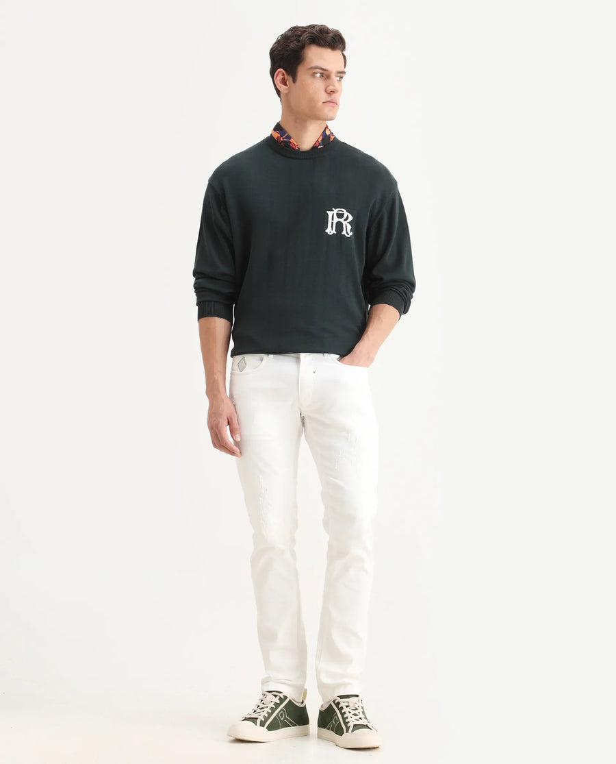 Rare Rabbit Men's Varo Dark Green Cotton Embroidered Regular Fit Full Sleeve Crew Neck Sweater