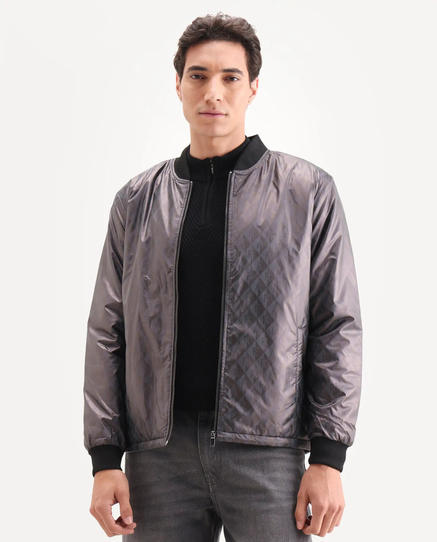 Rare Rabbit Men's Arteo Navy Polyester Printed Regular Fit Full Sleeve Ribbed Collar Jacket