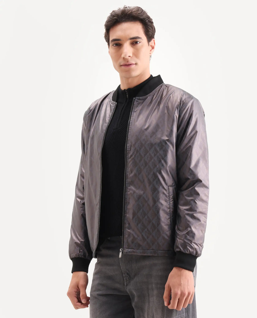 Rare Rabbit Men's Arteo Navy Polyester Printed Regular Fit Full Sleeve Ribbed Collar Jacket