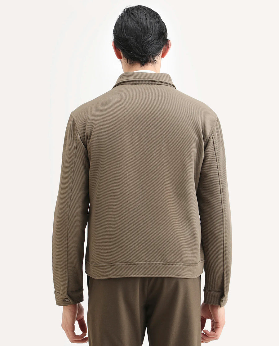 Rare Rabbit Men's Mapis Olive Polyester Plain Regular Fit Full Sleeve Curved Collar Jacket