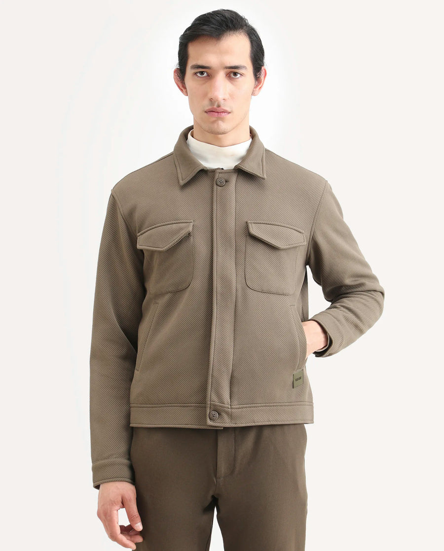 Rare Rabbit Men's Mapis Olive Polyester Plain Regular Fit Full Sleeve Curved Collar Jacket