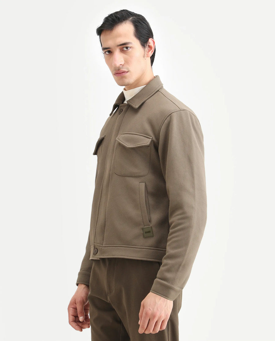 Rare Rabbit Men's Mapis Olive Polyester Plain Regular Fit Full Sleeve Curved Collar Jacket