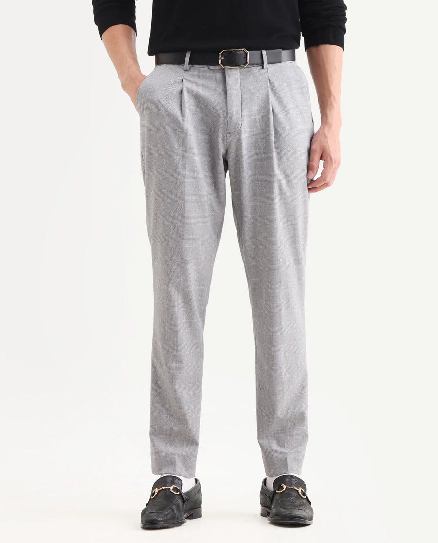 Rare Rabbit Men's Morst Grey Polyester Blend Checked Print Relaxed Fit Trouser