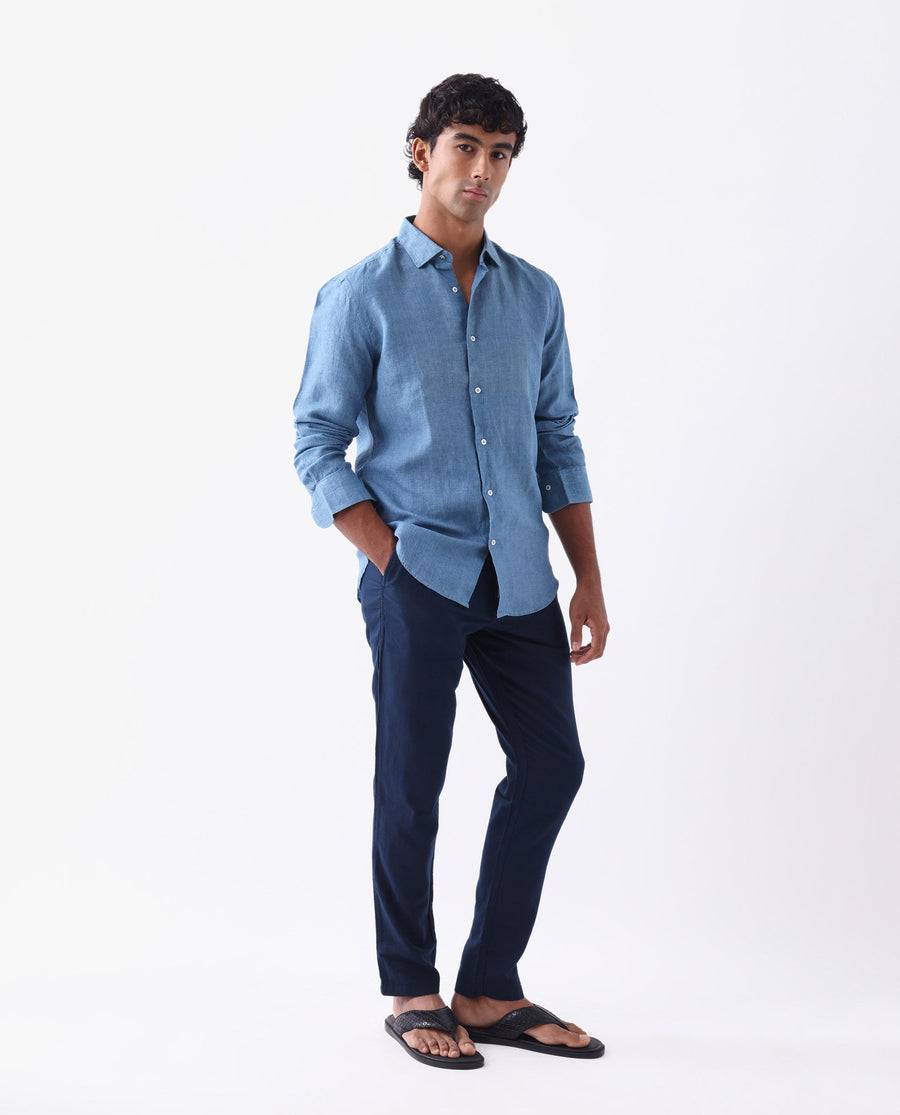 Rare Rabbit Men's Pastor-25 Navy Cotton Plain Regular Fit Trouser