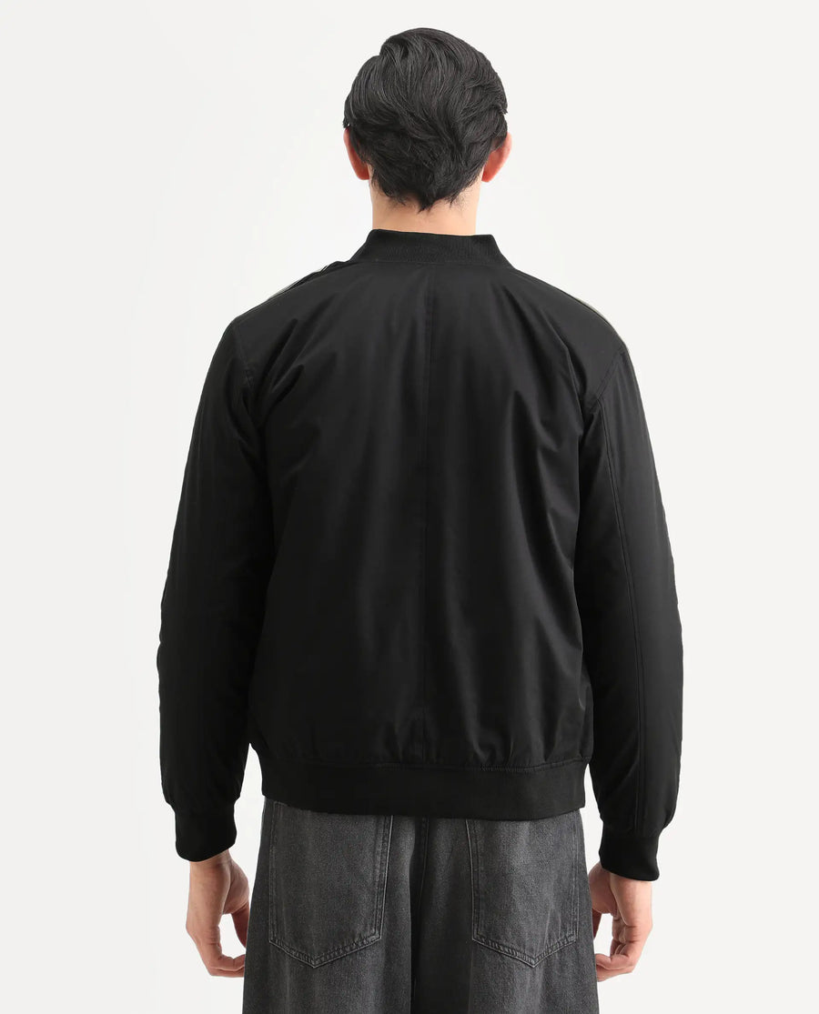 Rare Rabbit Men's Ghana Black Polyester Plain Regular Fit Full Sleeve Ribbed Collar Jacket
