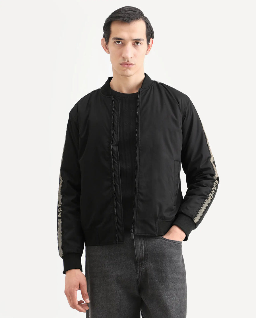 Rare Rabbit Men's Ghana Black Polyester Plain Regular Fit Full Sleeve Ribbed Collar Jacket