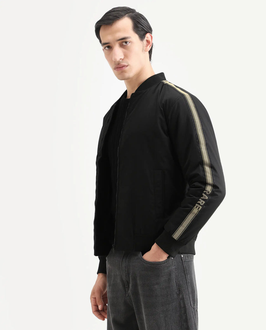 Rare Rabbit Men's Ghana Black Polyester Plain Regular Fit Full Sleeve Ribbed Collar Jacket