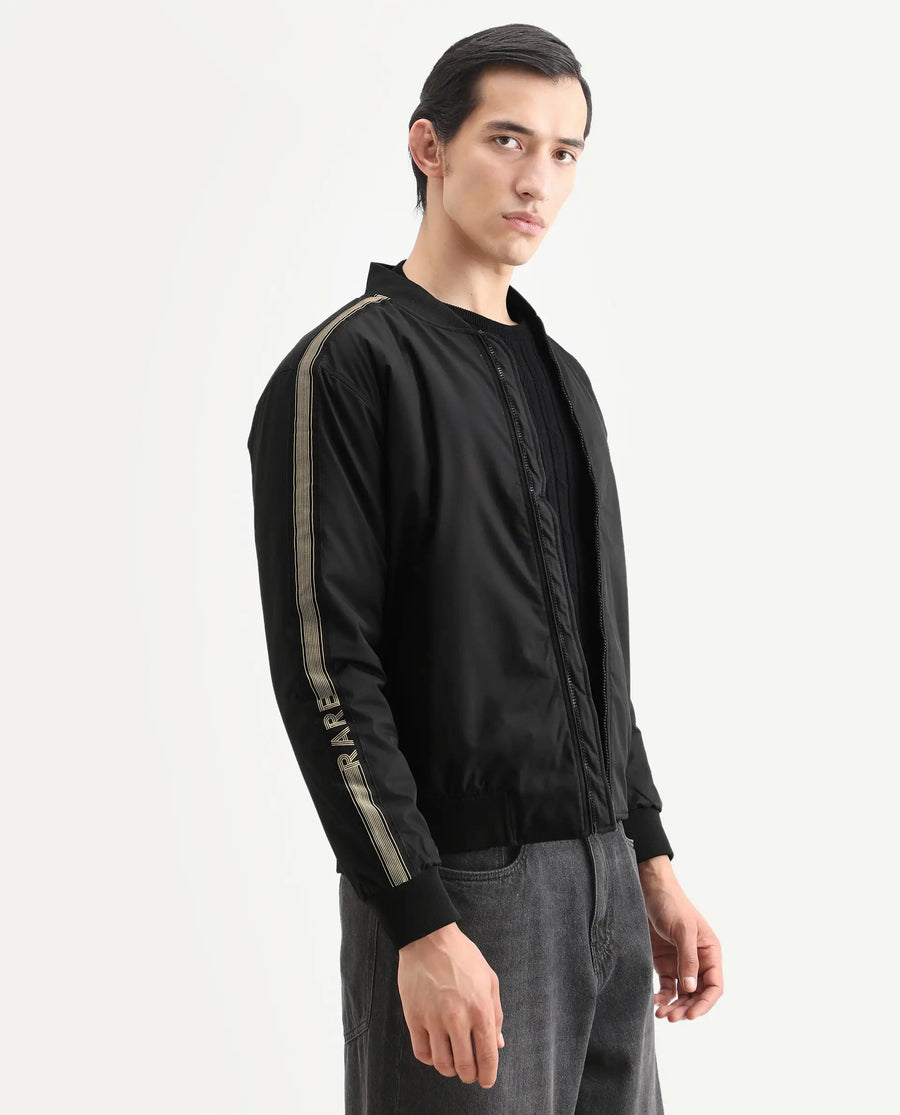 Rare Rabbit Men's Ghana Black Polyester Plain Regular Fit Full Sleeve Ribbed Collar Jacket