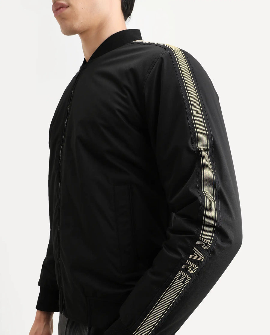 Rare Rabbit Men's Ghana Black Polyester Plain Regular Fit Full Sleeve Ribbed Collar Jacket