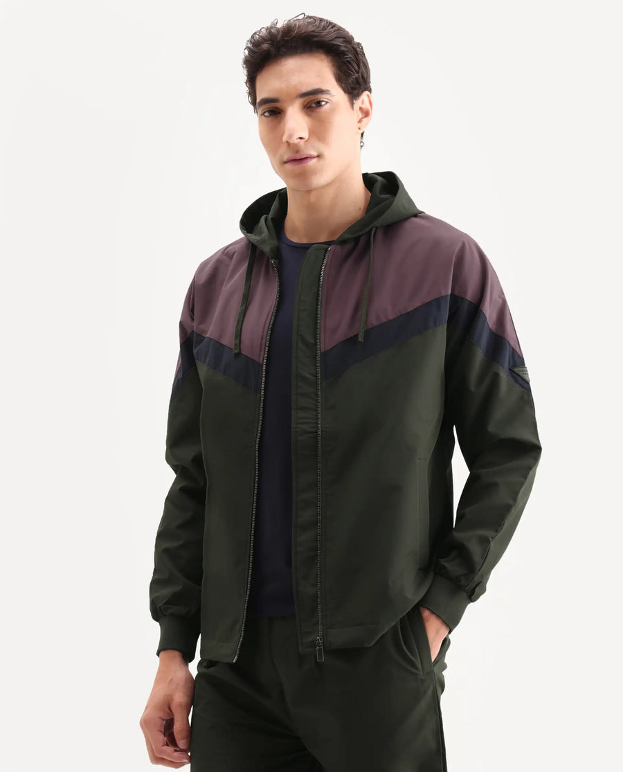 Rare Rabbit Men's Waber Olive Polyester Cut And Sew Regular Fit Full Sleeve Hooded Jacket