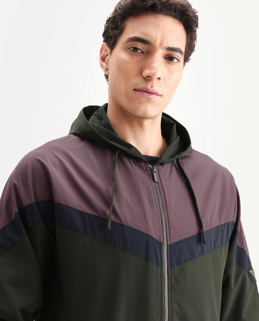 Rare Rabbit Men's Waber Olive Polyester Cut And Sew Regular Fit Full Sleeve Hooded Jacket