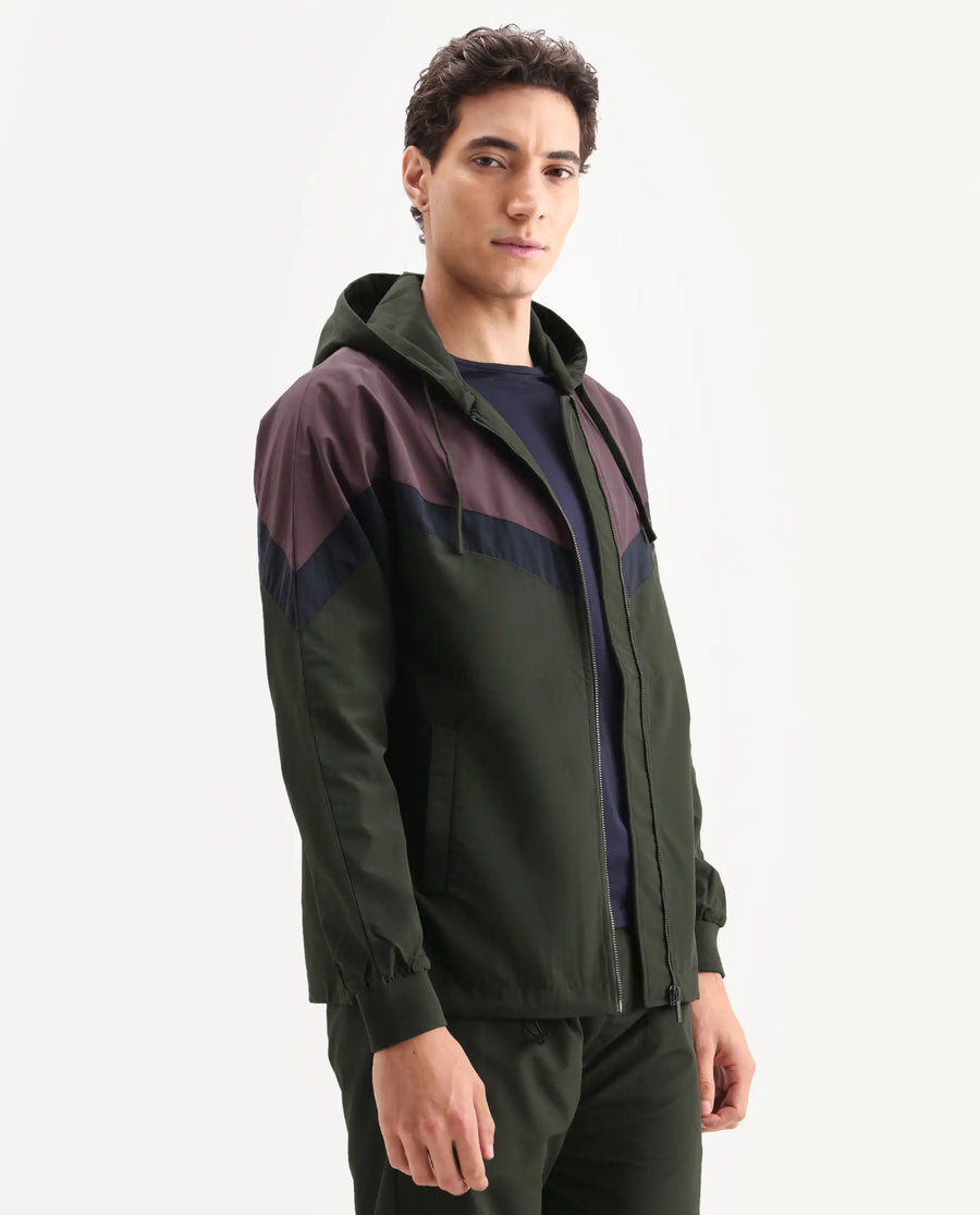 Rare Rabbit Men's Waber Olive Polyester Cut And Sew Regular Fit Full Sleeve Hooded Jacket
