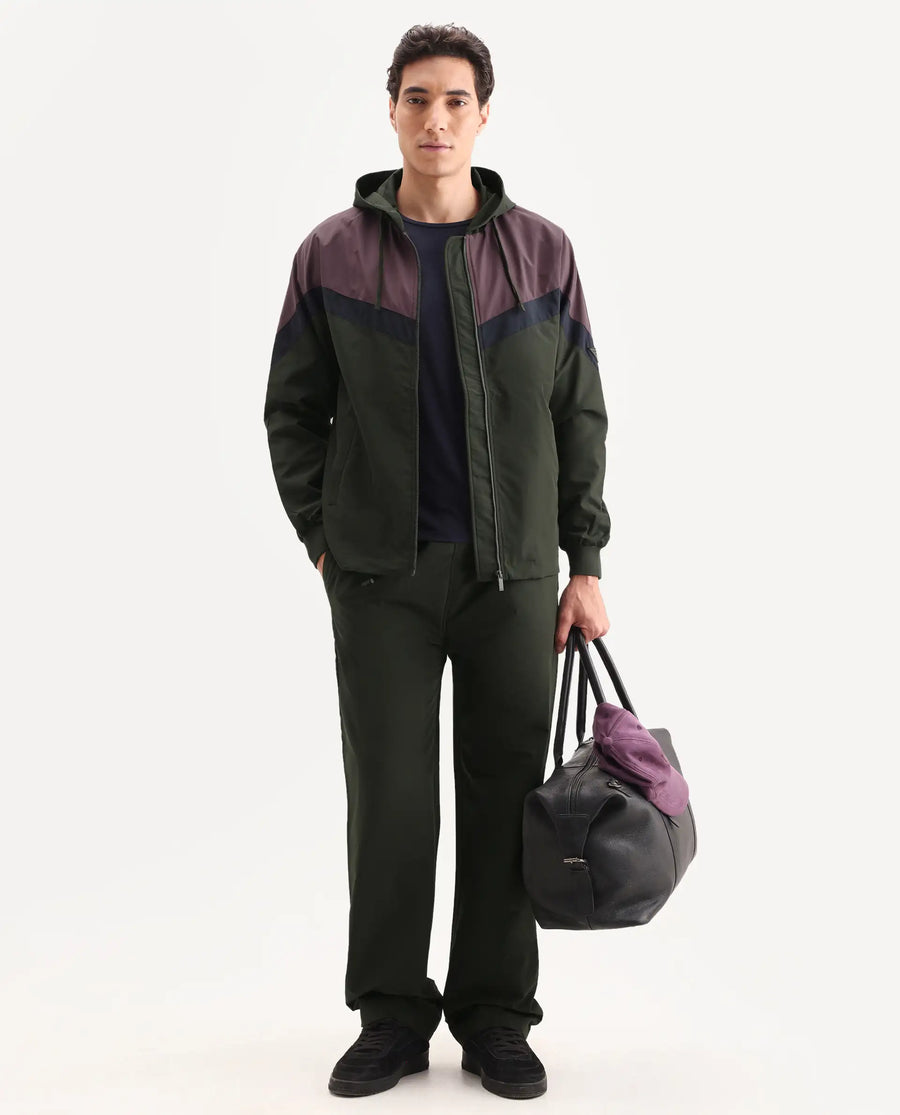 Rare Rabbit Men's Waber Olive Polyester Cut And Sew Regular Fit Full Sleeve Hooded Jacket