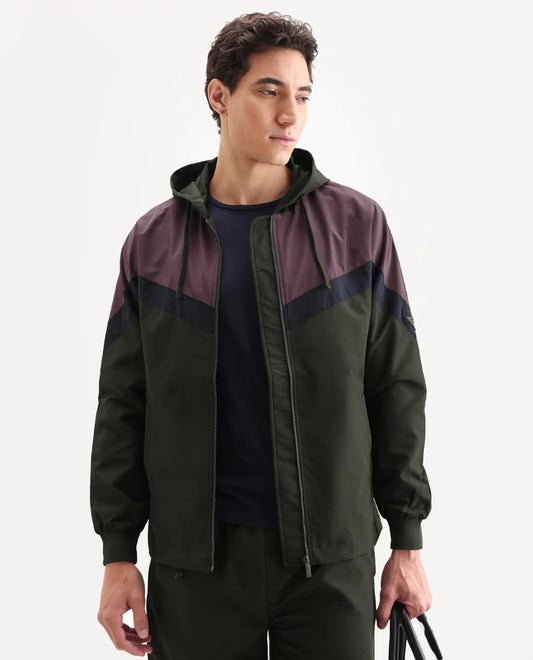 Rare Rabbit Men's Waber Olive Polyester Cut And Sew Regular Fit Full Sleeve Hooded Jacket
