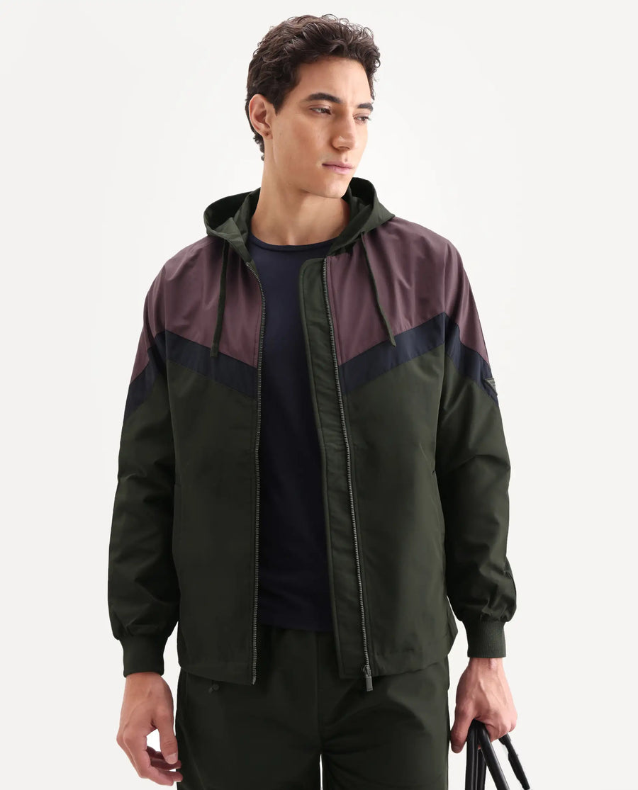 Rare Rabbit Men's Waber Olive Polyester Cut And Sew Regular Fit Full Sleeve Hooded Jacket