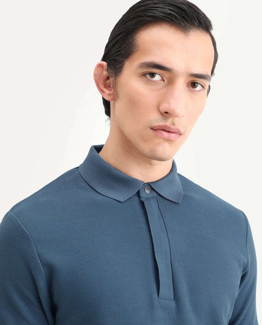 Rare Rabbit Men's Crin Blue Cotton Plain Regular Fit Half Sleeve Polo