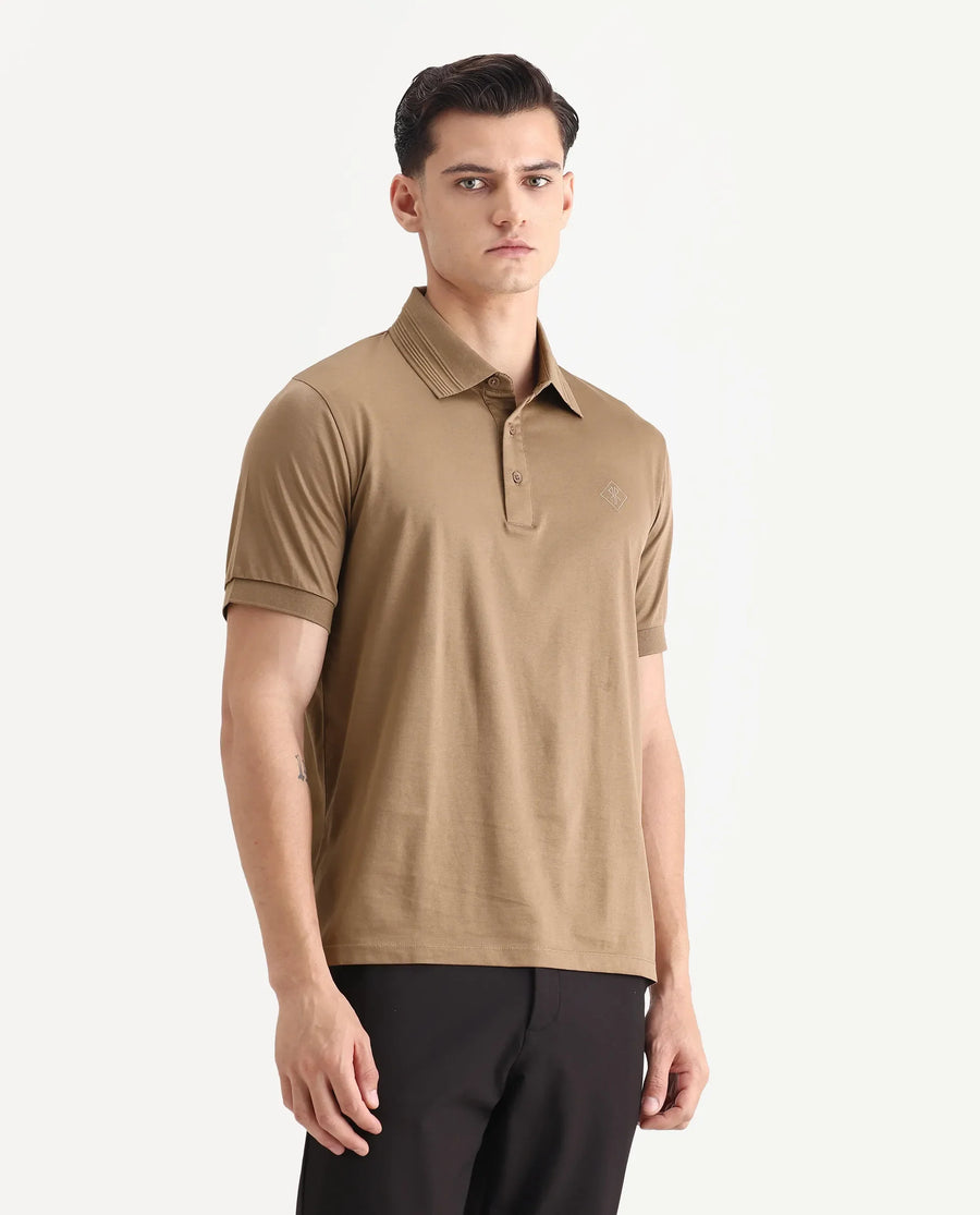 Rare Rabbit Men's Ripl Dusky Brown Cotton Plain Regular Fit Half Sleeve Polo