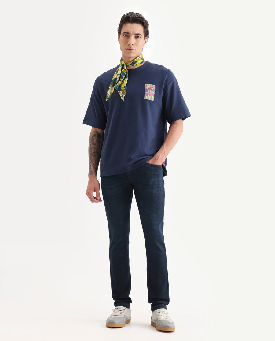 Rare Rabbit Men's Oxo Dark Blue Cotton Embroidered Oversized Fit Half Sleeve Crew Neck T-Shirt