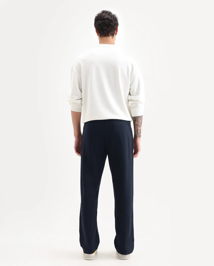 Rare Rabbit Men's Oblic Navy Cotton Blend Plain Relaxed Fit Track Pant