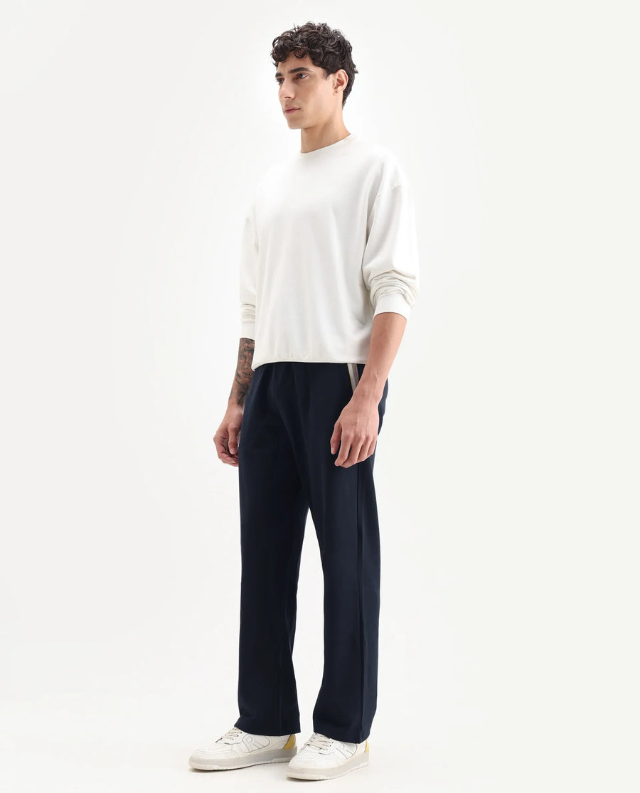 Rare Rabbit Men's Oblic Navy Cotton Blend Plain Relaxed Fit Track Pant
