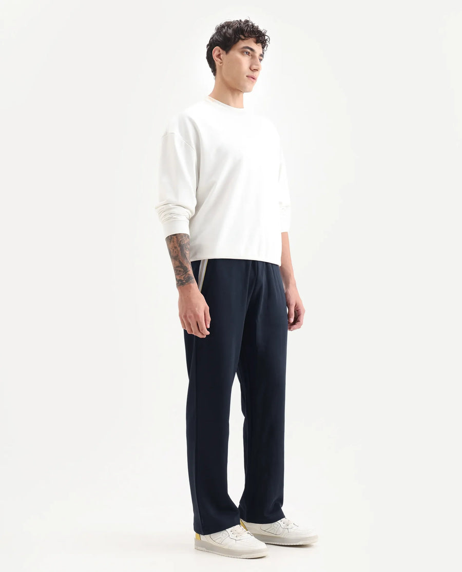 Rare Rabbit Men's Oblic Navy Cotton Blend Plain Relaxed Fit Track Pant