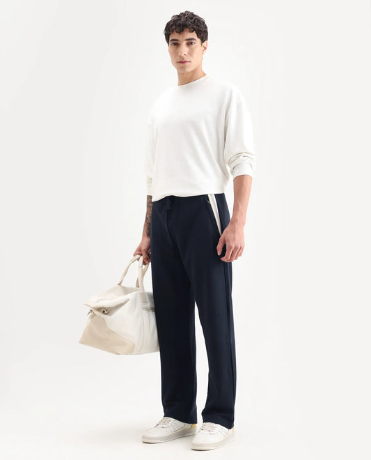 Rare Rabbit Men's Oblic Navy Cotton Blend Plain Relaxed Fit Track Pant