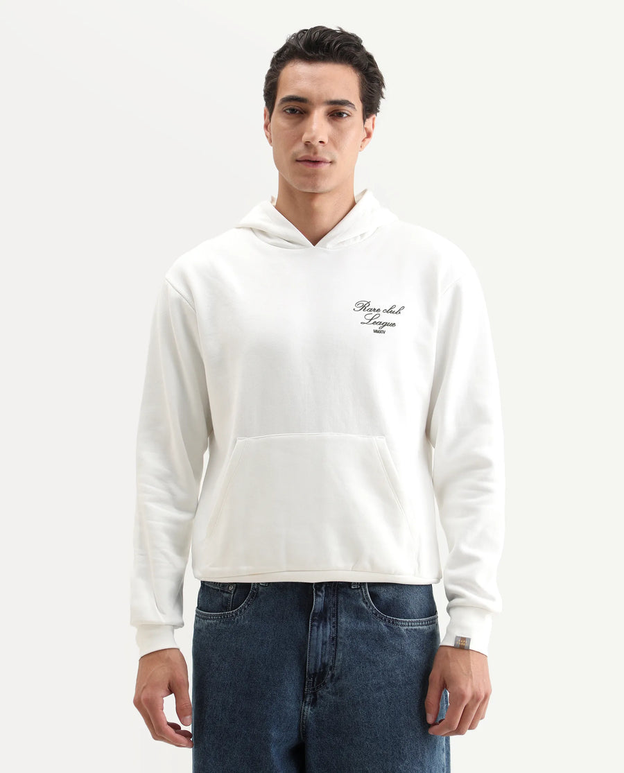 Rare Rabbit Men's Kant Off White Cotton Blend Graphic Print Boxy Fit Full Sleeve Hooded Sweatshirt