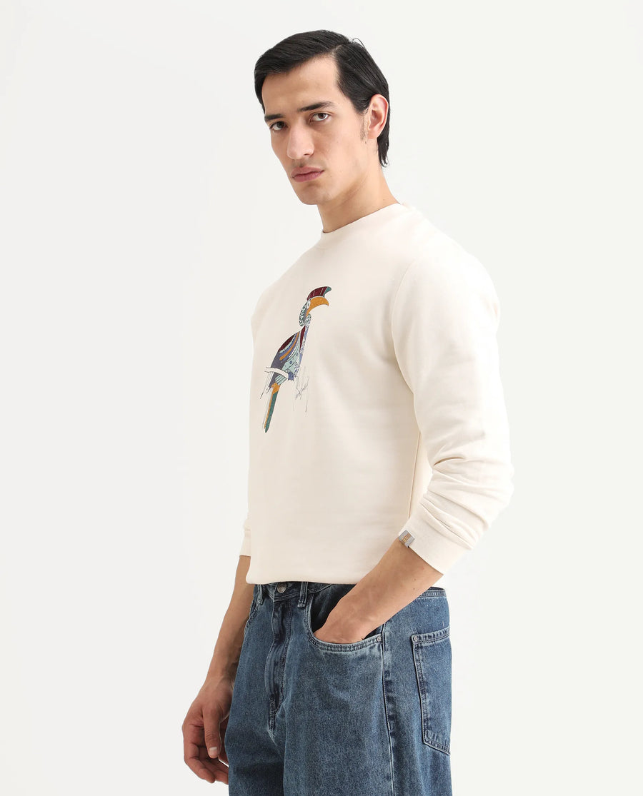 Rare Rabbit Men's Nantes Off White Cotton Blend Graphic Print Boxy Fit Full Sleeve Crew Neck Sweatshirt