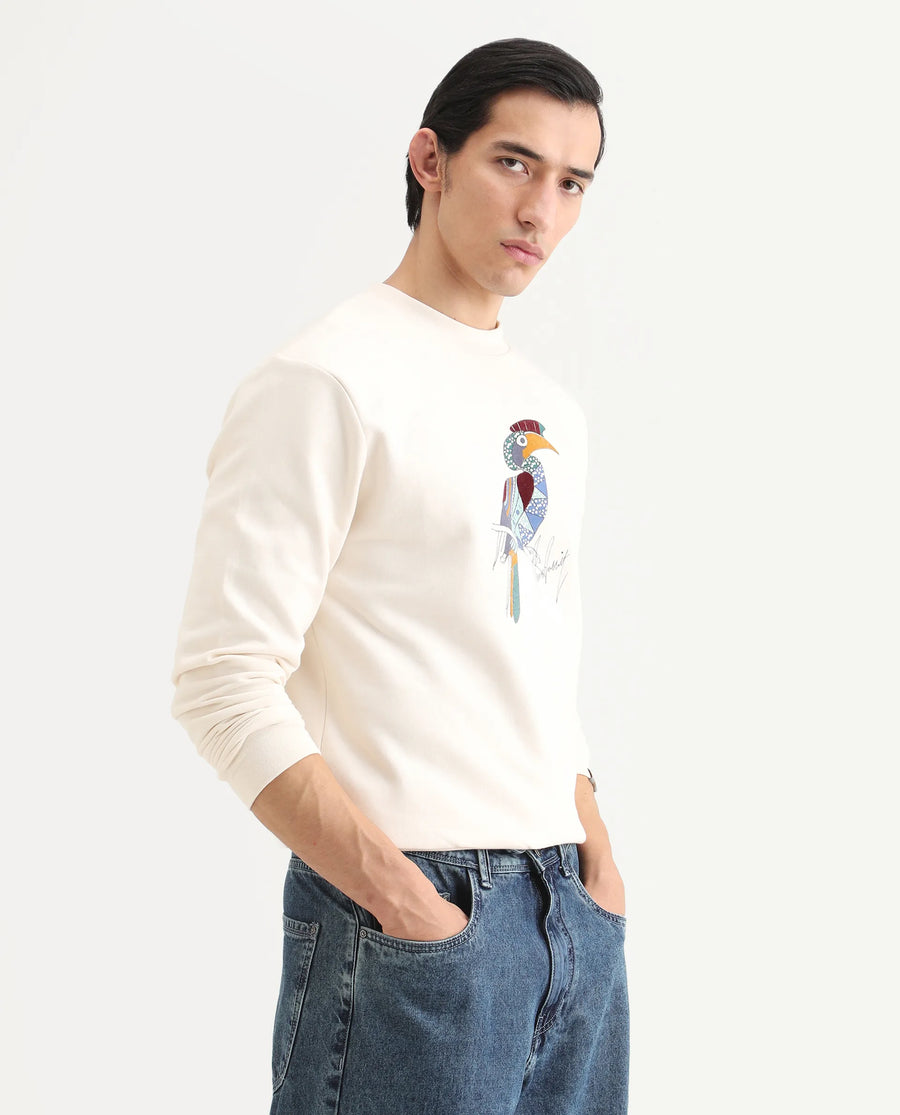 Rare Rabbit Men's Nantes Off White Cotton Blend Graphic Print Boxy Fit Full Sleeve Crew Neck Sweatshirt