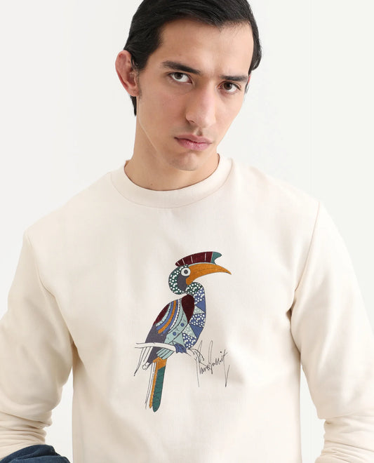 Rare Rabbit Men's Nantes Off White Cotton Blend Graphic Print Boxy Fit Full Sleeve Crew Neck Sweatshirt