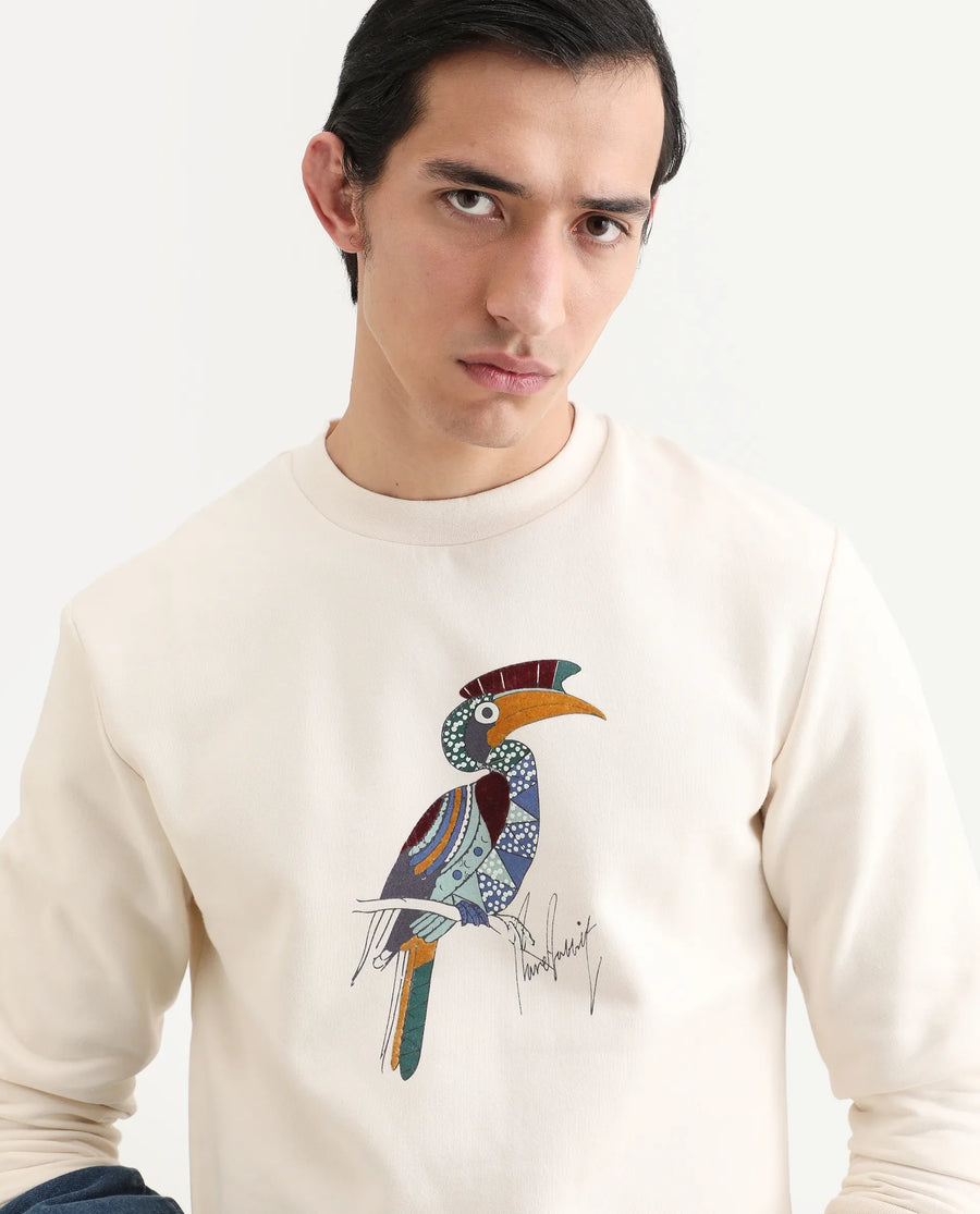 Rare Rabbit Men's Nantes Off White Cotton Blend Graphic Print Boxy Fit Full Sleeve Crew Neck Sweatshirt