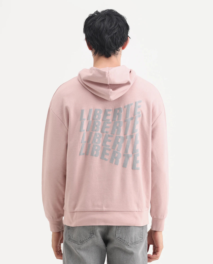 Rare Rabbit Men's Wale Dusky Pink Cotton Blend Graphic Print Boxy Fit Full Sleeve Hooded Sweatshirt