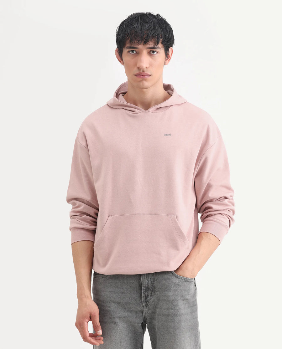 Rare Rabbit Men's Wale Dusky Pink Cotton Blend Graphic Print Boxy Fit Full Sleeve Hooded Sweatshirt