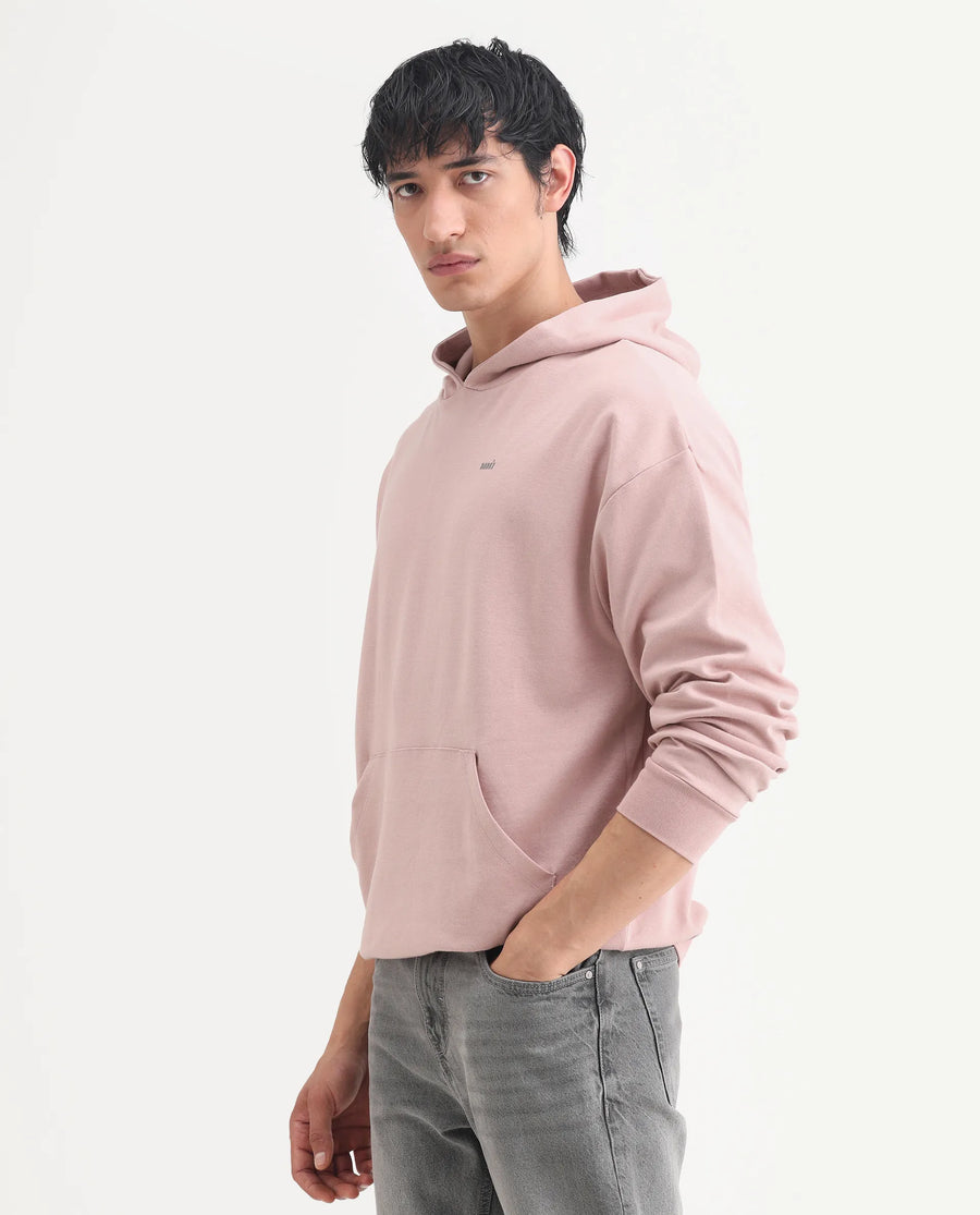 Rare Rabbit Men's Wale Dusky Pink Cotton Blend Graphic Print Boxy Fit Full Sleeve Hooded Sweatshirt