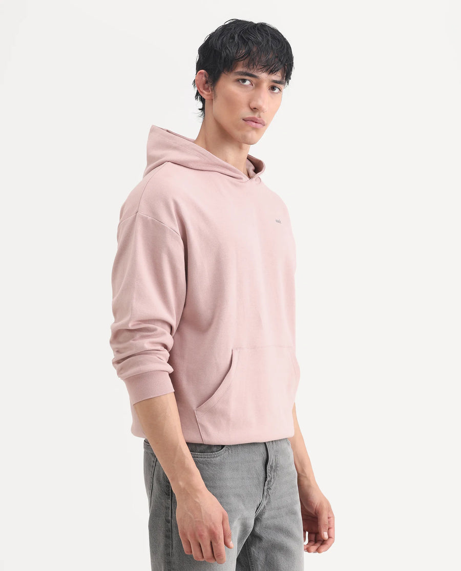 Rare Rabbit Men's Wale Dusky Pink Cotton Blend Graphic Print Boxy Fit Full Sleeve Hooded Sweatshirt
