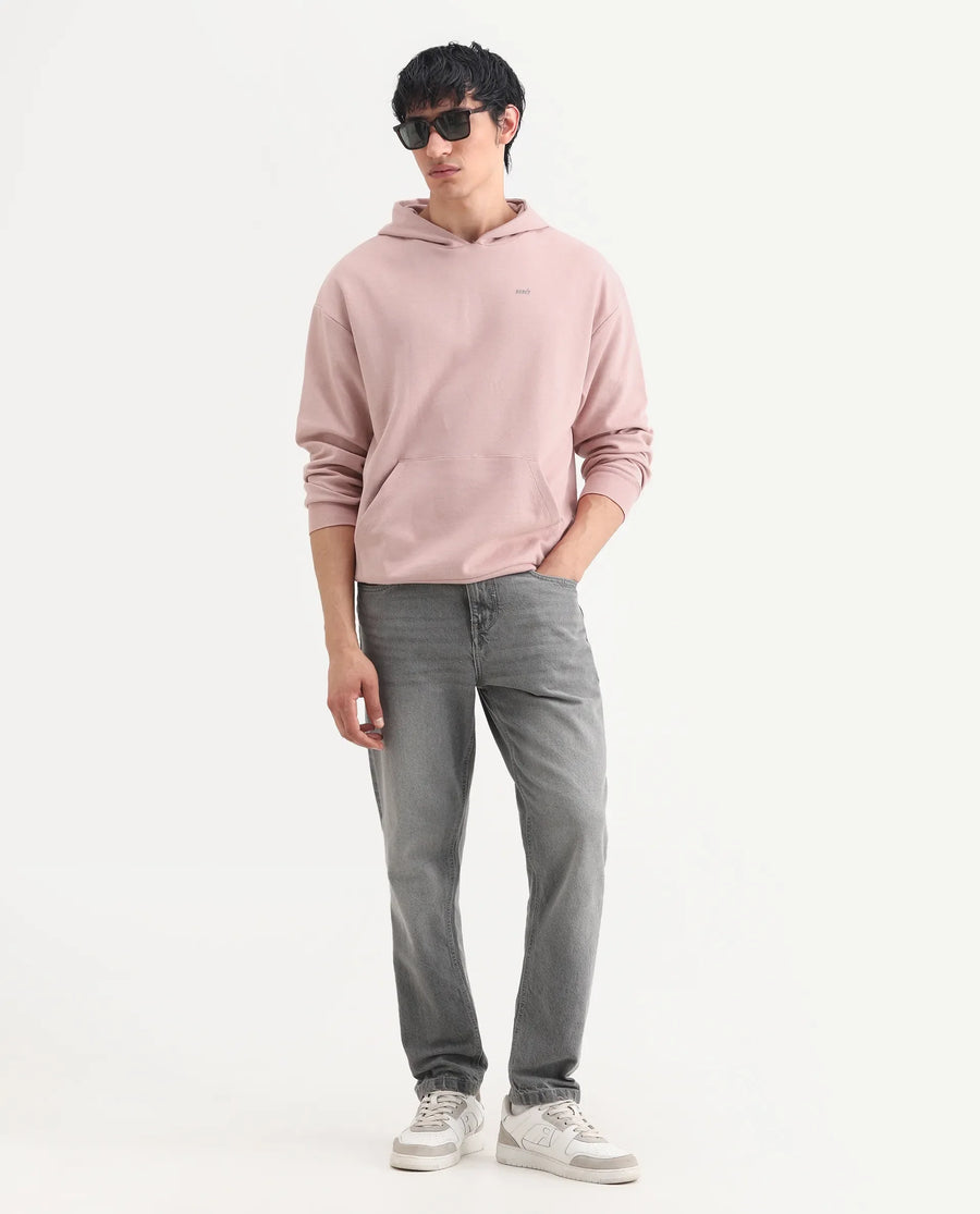 Rare Rabbit Men's Wale Dusky Pink Cotton Blend Graphic Print Boxy Fit Full Sleeve Hooded Sweatshirt