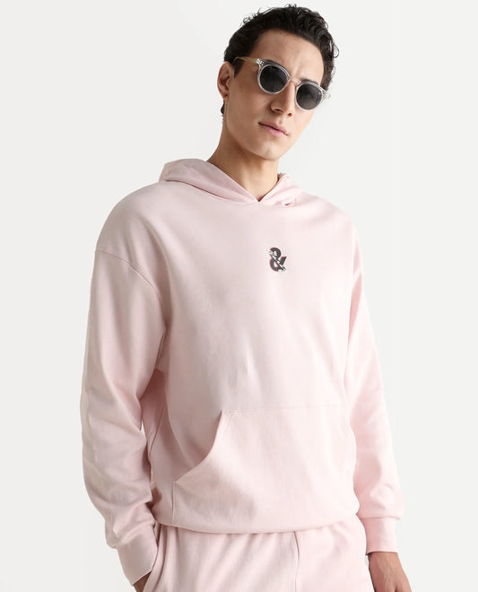 Rare Rabbit Men's Junol Pastel Pink Cotton Blend Embroidered Boxy Fit Full Sleeve Hooded Sweatshirt