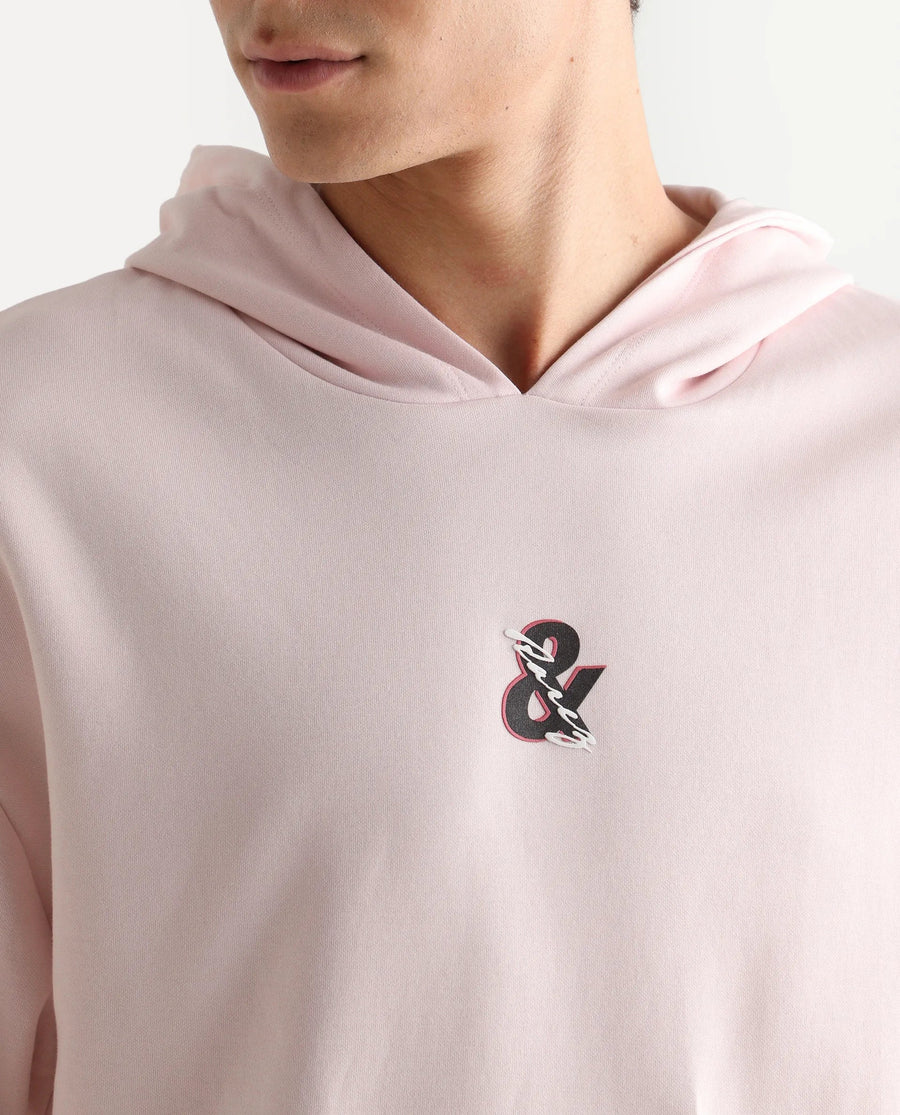 Rare Rabbit Men's Junol Pastel Pink Cotton Blend Embroidered Boxy Fit Full Sleeve Hooded Sweatshirt