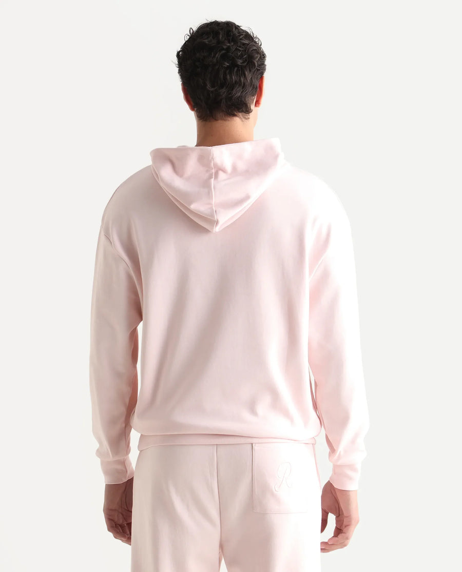 Rare Rabbit Men's Junol Pastel Pink Cotton Blend Embroidered Boxy Fit Full Sleeve Hooded Sweatshirt