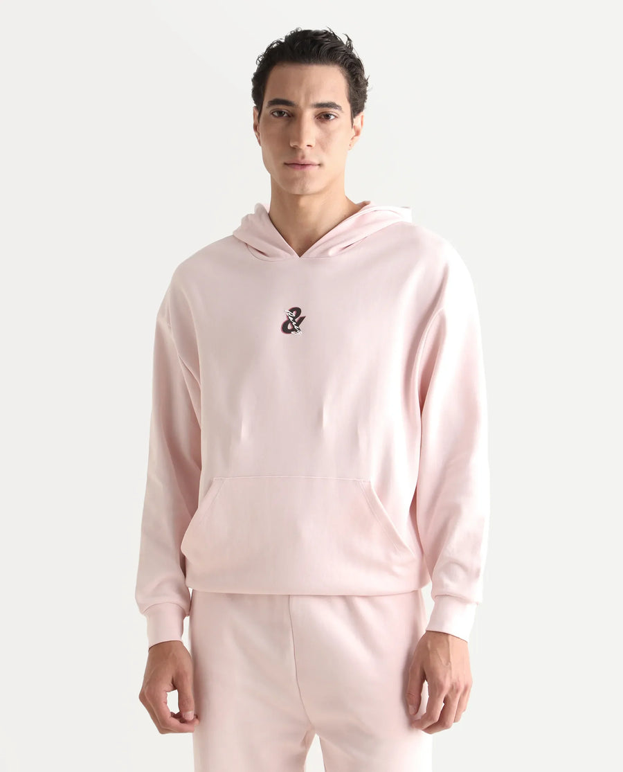 Rare Rabbit Men's Junol Pastel Pink Cotton Blend Embroidered Boxy Fit Full Sleeve Hooded Sweatshirt
