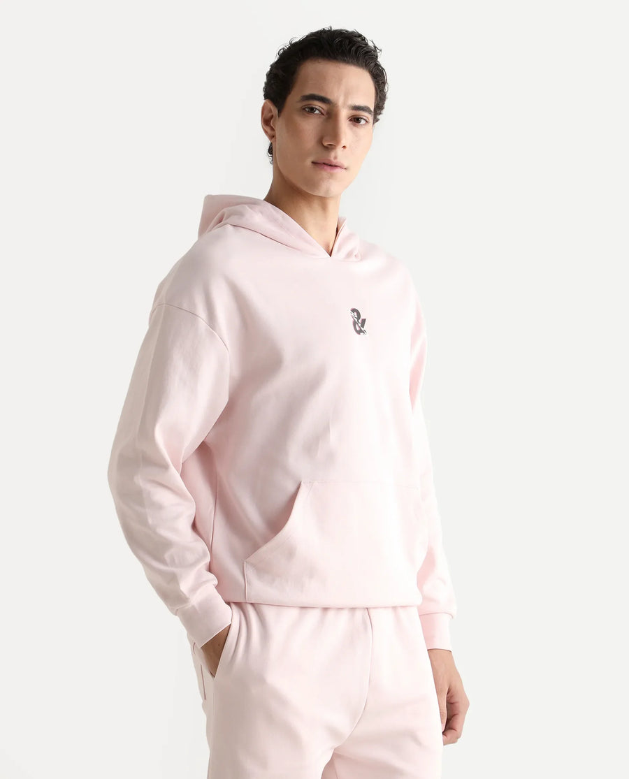 Rare Rabbit Men's Junol Pastel Pink Cotton Blend Embroidered Boxy Fit Full Sleeve Hooded Sweatshirt