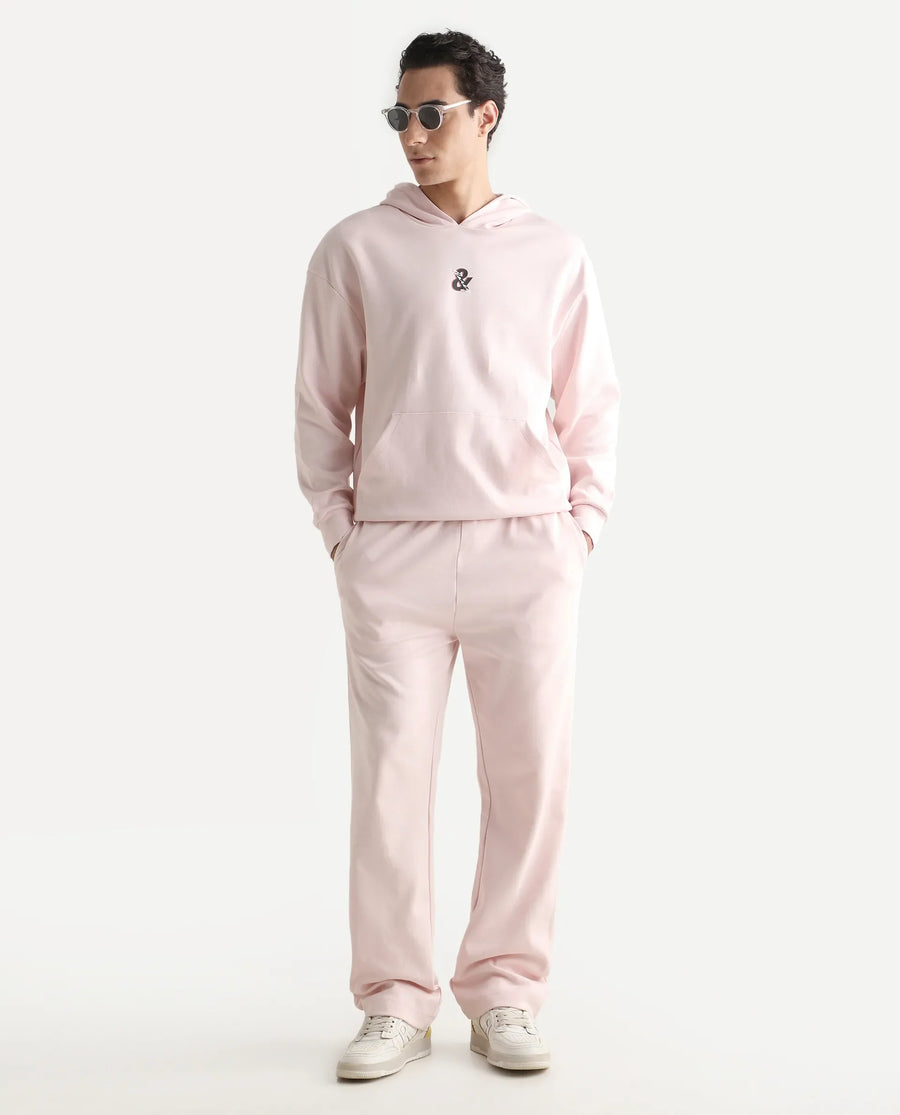 Rare Rabbit Men's Junol Pastel Pink Cotton Blend Embroidered Boxy Fit Full Sleeve Hooded Sweatshirt