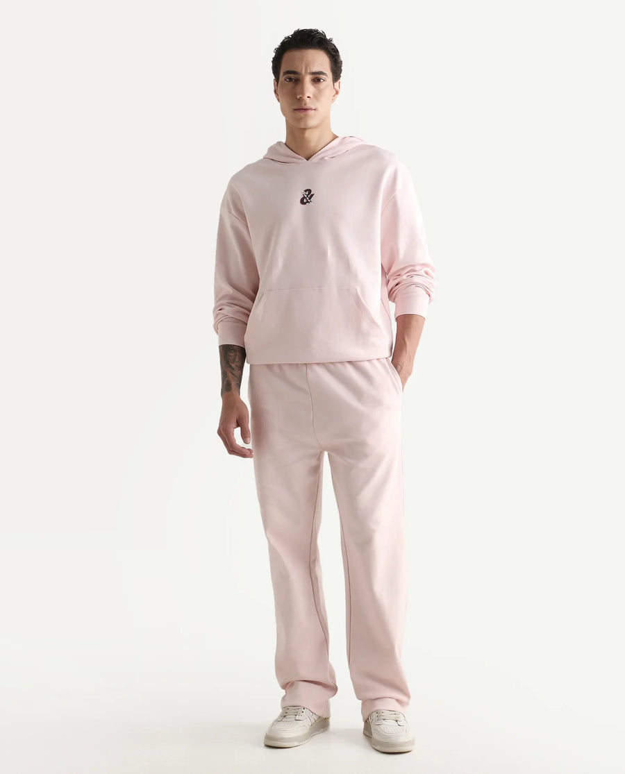 Rare Rabbit Men's Junolt-B Pastel Pink Cotton Blend Embroidered Regular Fit Track Pant