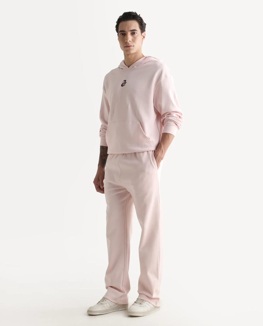 Rare Rabbit Men's Junolt-B Pastel Pink Cotton Blend Embroidered Regular Fit Track Pant