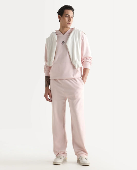 Rare Rabbit Men's Junolt-B Pastel Pink Cotton Blend Embroidered Regular Fit Track Pant