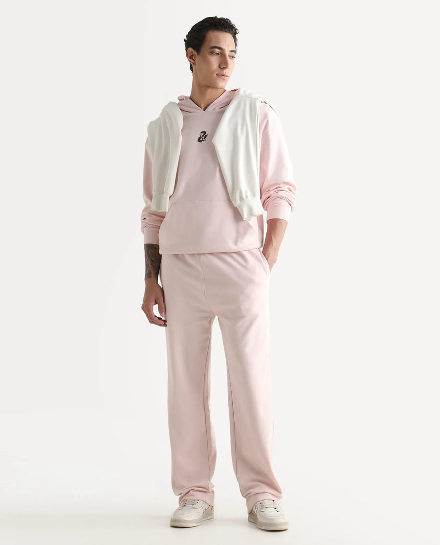 Rare Rabbit Men's Junolt-B Pastel Pink Cotton Blend Embroidered Regular Fit Track Pant