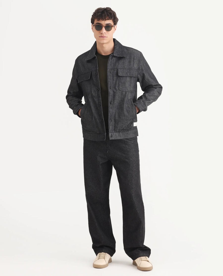 Rare Rabbit Men's Loon Black Cotton Graphic Print Regular Fit Full Sleeve Spread Collar Jacket